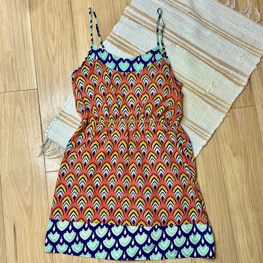 EUC Emmelee Dress Sundress Color Block Salmon Blue Elastic Waist & 2 Pockets LG